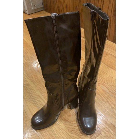 Liela Stone Shoes - Women's Block High‎ Heel Knee High Boots Brown Patent Leather Zipper  Sz 10 NWOB